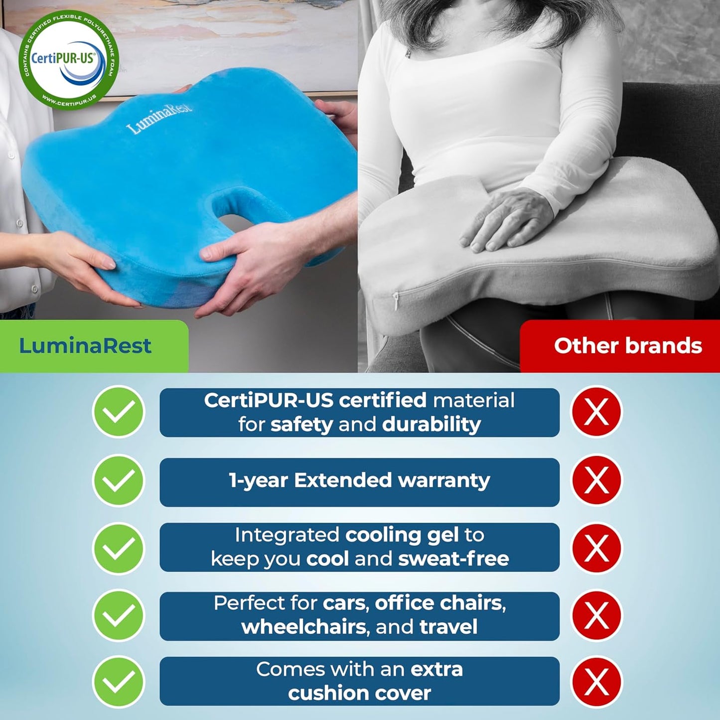 LuminaRest® Gel Enhanced Seat Cushion for Long Sitting – CertiPUR-US® Certified Memory Foam – Tailbone Pain Relief Cushion, Adaptable for Office, Car, Airplane & Wheelchair – (Blue)