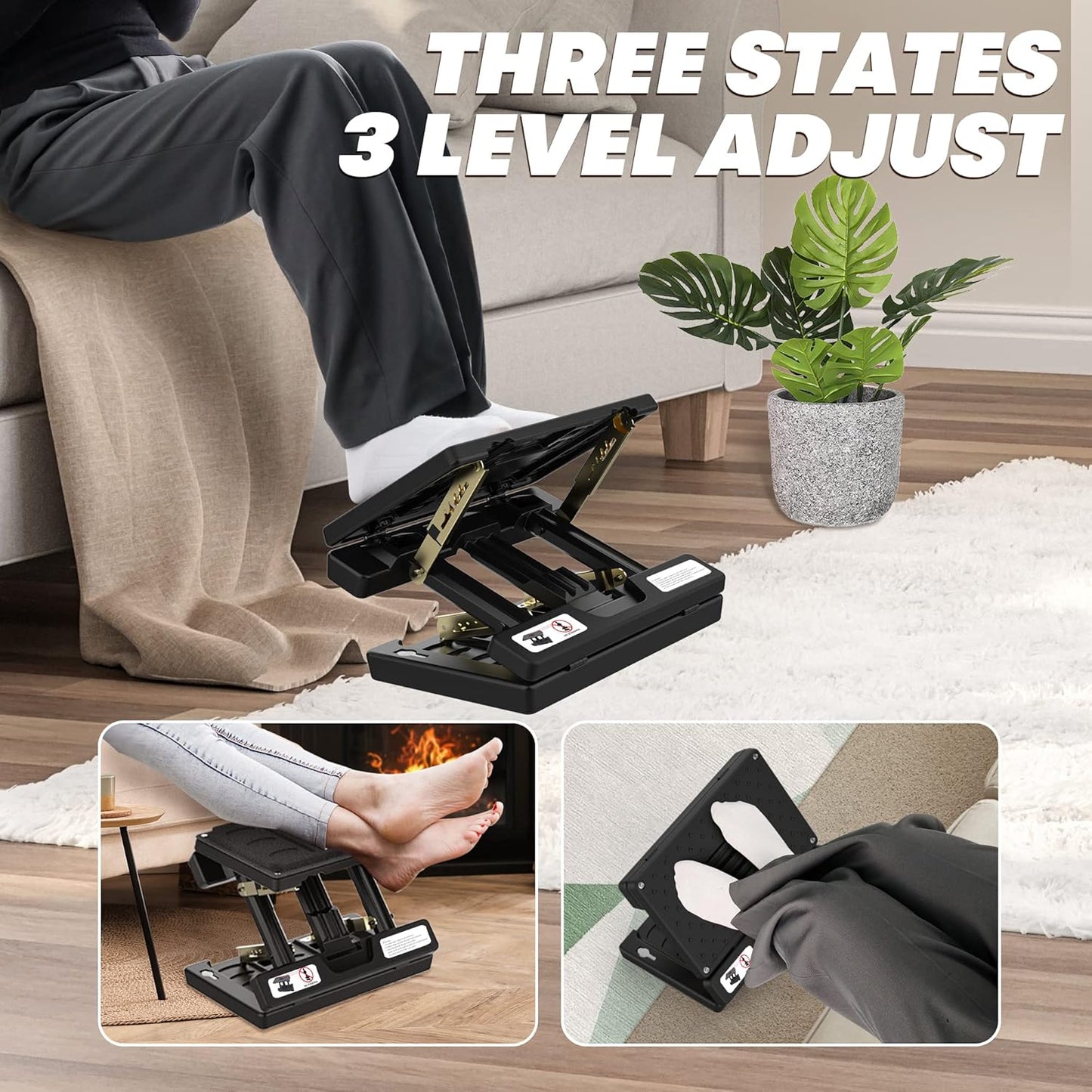 Foot Rest Under Desk, Height Adjustable Footrest with Massage Roller and Soft Pad, Foldable Ergonomic Foot Rest for Car, Underdesk, Home, Train(Black)