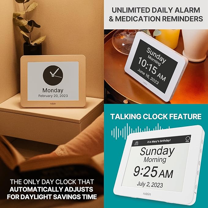 Robin 2024 Digital Calendar Clock for Elderly, Seniors & Dementia - Extra Large Mahogany Bedside Clock