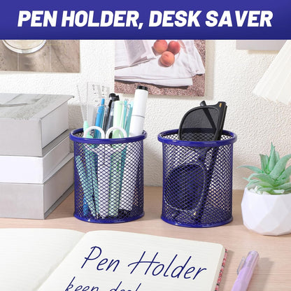 Segarty Pen Cup, 3 Pack Round Cute Dark Blue Pen Holder for Desk, Wire Mesh Pencil Holder Container Set, Desktop Organizer for Office Supplies, Maker, School, Home Storage, Makeup Brush