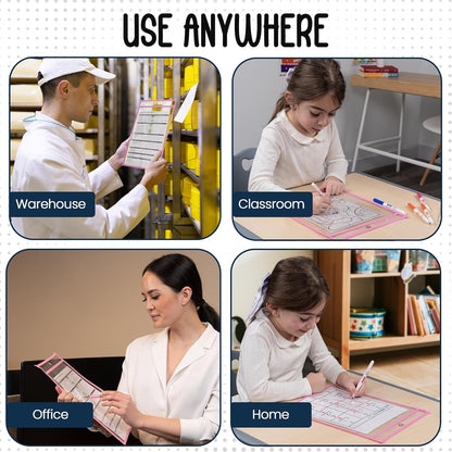 Essex Wares - 5 Pack, Pink, Job Ticket Holders, 10" Wide x 13.5" Tall - Clear Plastic Shop Ticket Holders - Easy to Use, Reusable & Easy Erase Plastic Invoice Holders, Water-Resistant & Durable