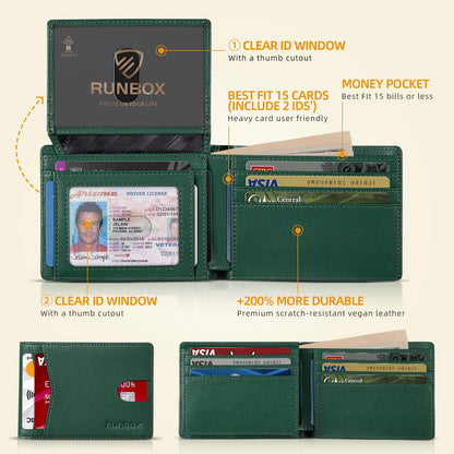 RUNBOX Wallet for Men Slim Rfid Leather 2 ID Window With Gift Box