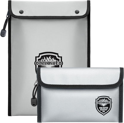 Fireproof Document Bag, Waterproof Money Bag Pocket with Zipper Closure, Storage Pouch for Valuables, A4 A5 Document File, Cash, Credit Card, Passport (Grey, small+big set)