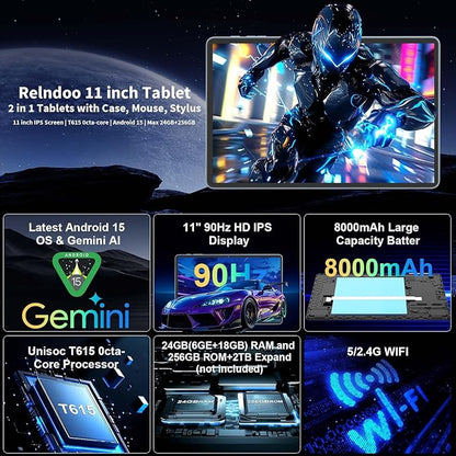 2025 11 inch Tablet, Android 15 Tablets with Keyboard, 24GB+256GB+2TB Expand, Octa-Core, 8000mAh, Tablet PC with 5G/2.4G WiFi, BT5.0, GMS, GPS, 2 in 1 Tablets with Case, Mouse, Stylus(Green Case)