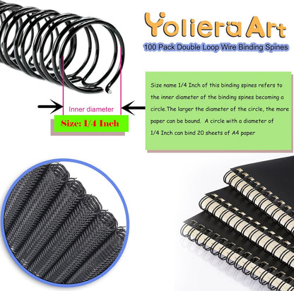 100 Pack Double Loop Wire Binding Spines, YolieraArt 1/4 Inch Spiral Binding Coils for Letter Size,Metal Bindings for Notebook Binder Machine (20 Sheet Capacity, 100P, 3:1 Pitch Twin Combs, White)