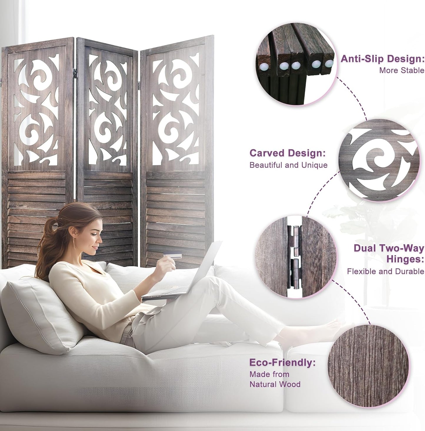 Room Divider, 5.6FT Folding Room Divider Panel, 4 Panel Craved Wood Partition Wall Divider for Room Separation, Rustic Brown