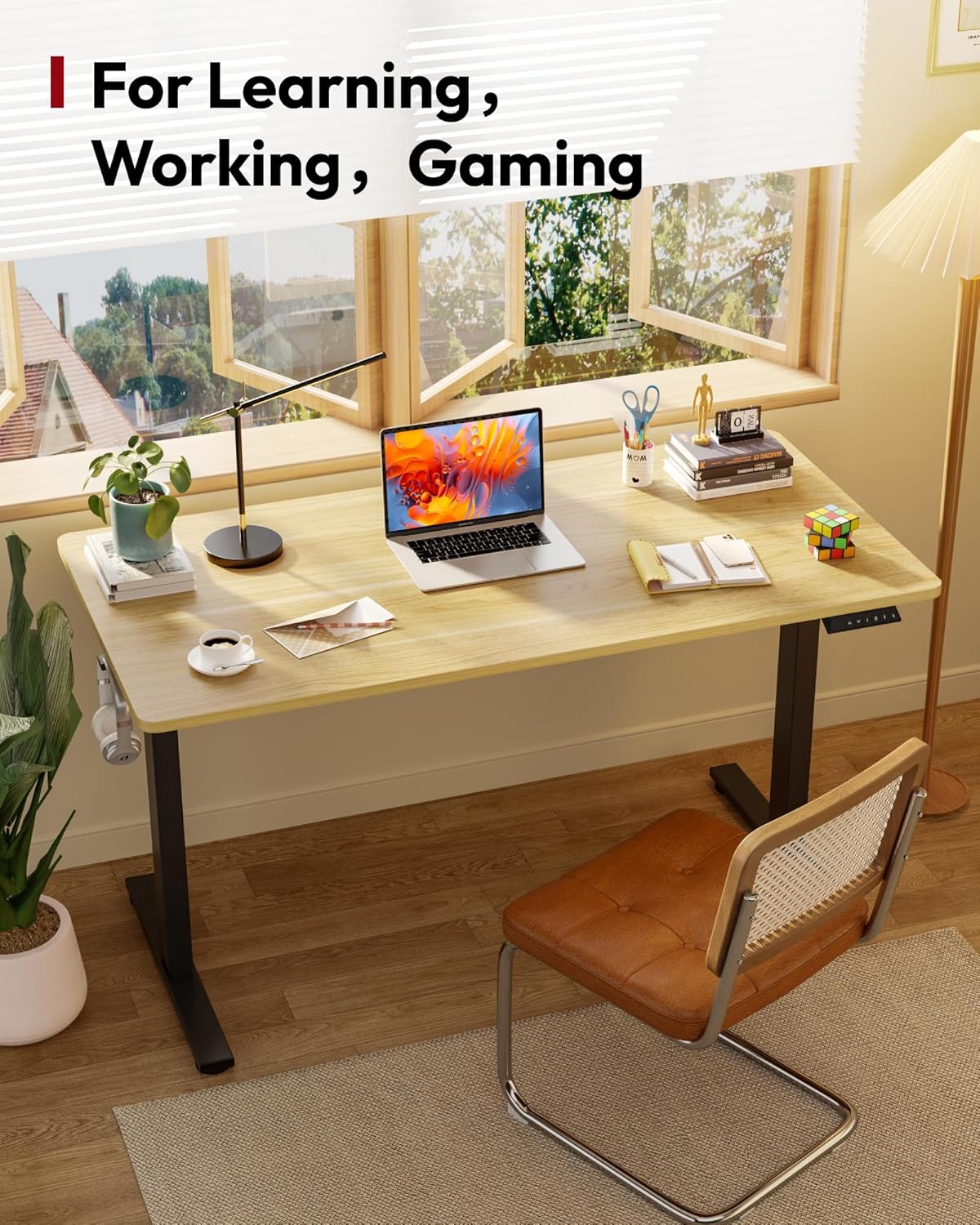 SANODESK Electric Standing Desk 48 x 30 Inches Whole-Piece Desktop Height Adjustable Stand Up Desk w/6-Button Controller Ergonomic Computer Desk for Home Office, Black Frame + Natural Tabletop