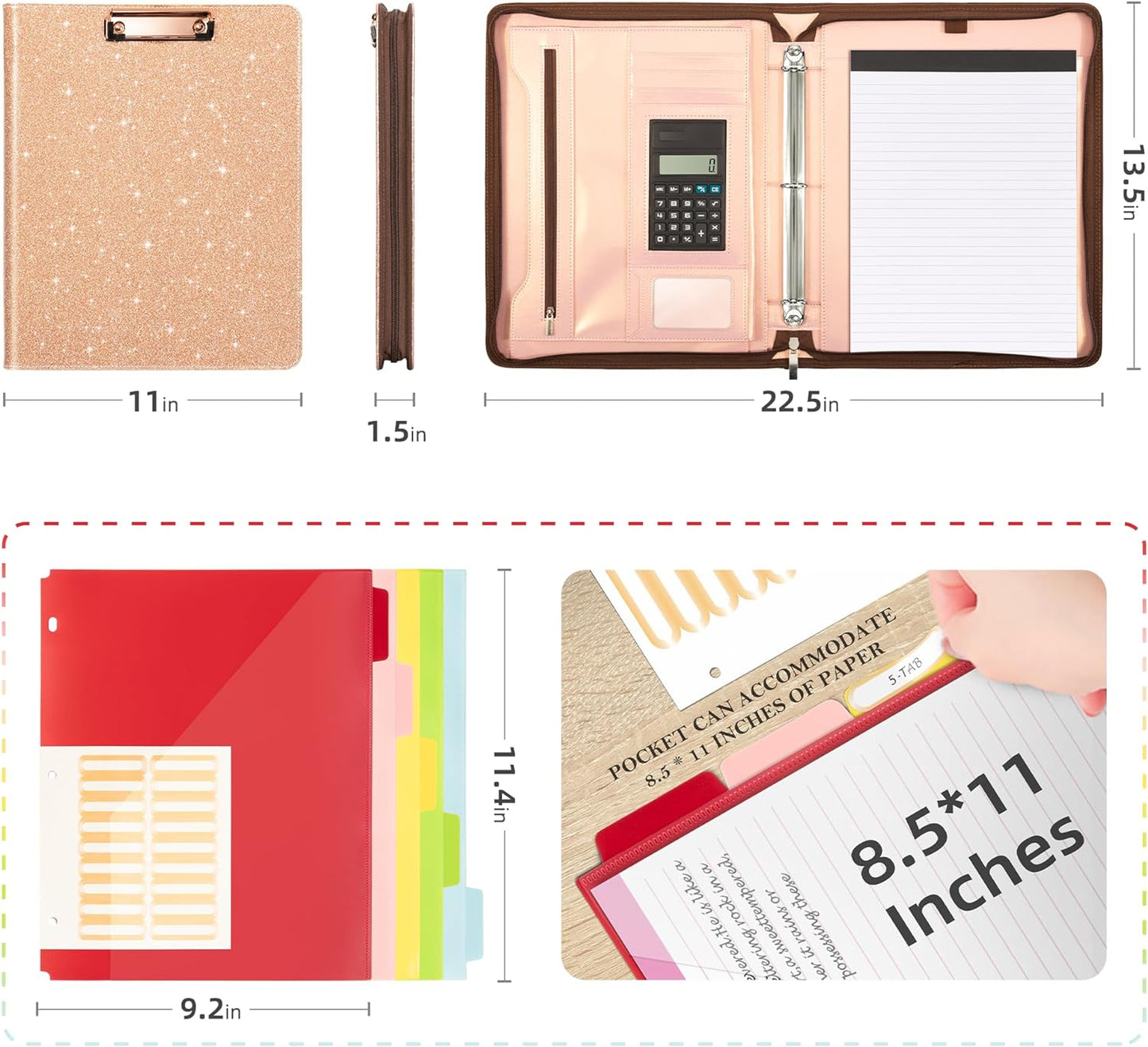 Ospelelf Clipboard with Storage, 3 Ring Binder with Zipper, Leather Padfolio Portfolio Folder, Calculator, 12.1” Tablet Sleeve, 5 Dividers with Pocket|Refillable Notepad, Card Slot (Rose Gold)