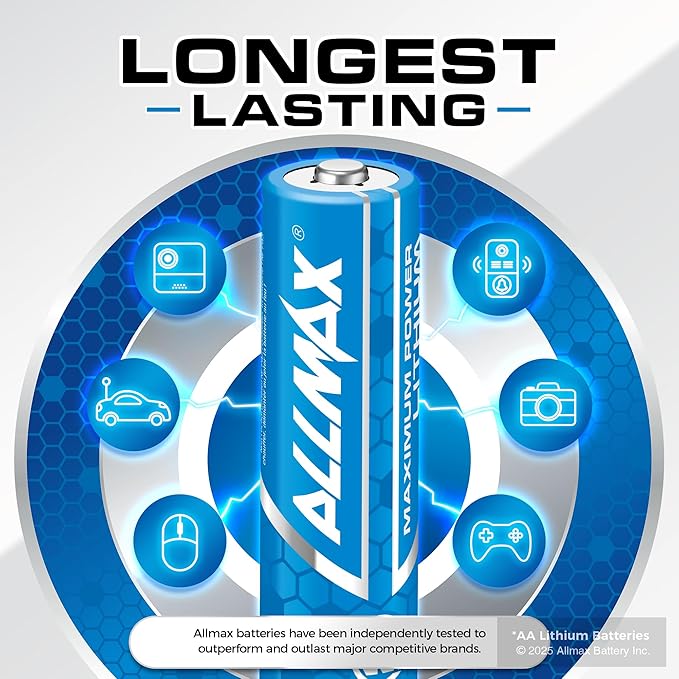 Allmax AA Maximum Power Lithium Batteries (16 Count) – Longest Lasting, Leakproof, 20-Year Shelf Life, Ultimate Performance, Perfect for Blink Security Cameras (1.5V)