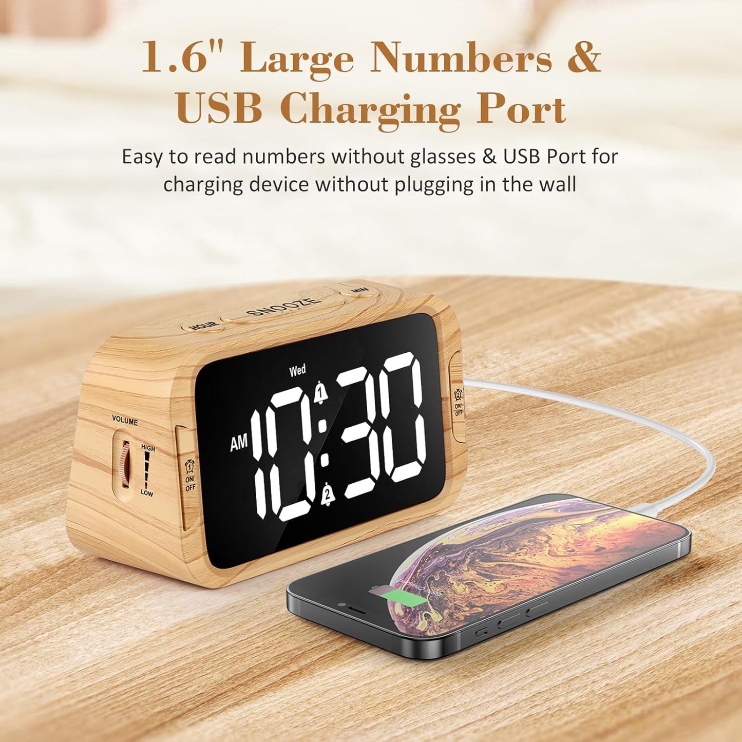 Digital Dual Alarm Clock for Bedroom, 0-100% Dimmer, Weekday/Weekend Mode, Easy to Set, USB Charger, Adjustable Alarm Volume with 5 Alarm Sounds, Snooze, 12/24Hr, Battery Backup (Wood Grain)