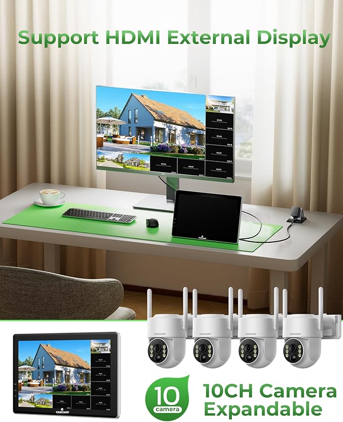 CAMCAMP Solar Security Cameras Outdoor Wireless with 10" 10CH Monitor, 2 Cam-Kit, No Subscription, Solar-Powered, Home Security Cameras System with 360° Pan & Tilt, 2K Color Night Vision, HDMI Output