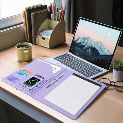 Ospelelf Foldable Leather Clipboard Folio with Notepad 8.5 x 11, Purple Business Padfolio for Women Portfolio Organizer