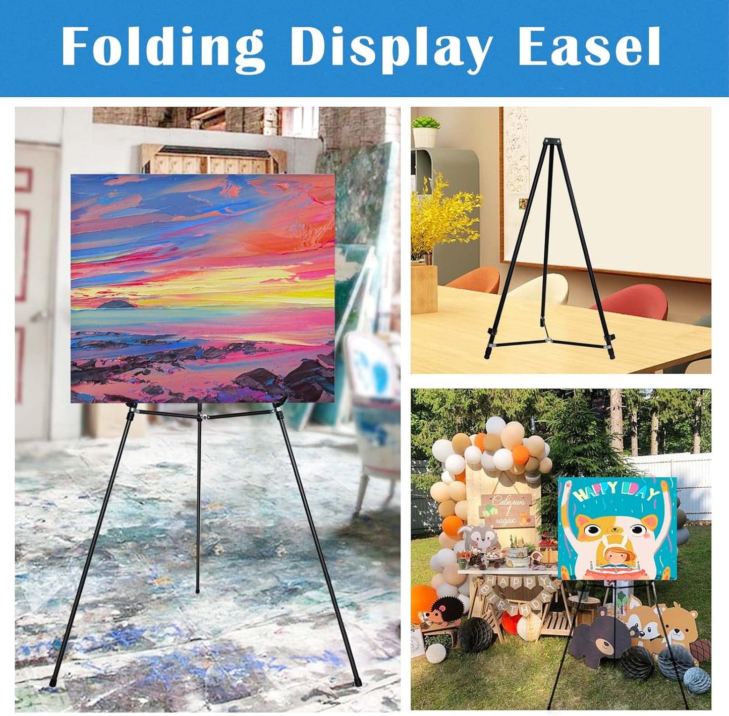 Falling in Art 66" High Black Aluminum Display Easel Stand, Large Adjustable Height Presentation Stand, Portable Tripod Holding Signs, Posters, and Whiteboards Up to 25lbs