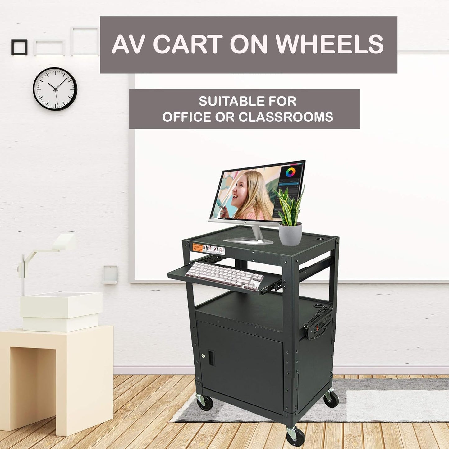 Height Adjustable Steel Frame AV Cart with Keyboard Tray - Comes with Locking Cabinet and 5ft 9in Power Strip Black