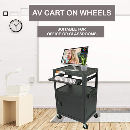 Height Adjustable Steel Frame AV Cart with Keyboard Tray - Comes with Locking Cabinet and 5ft 9in Power Strip Black