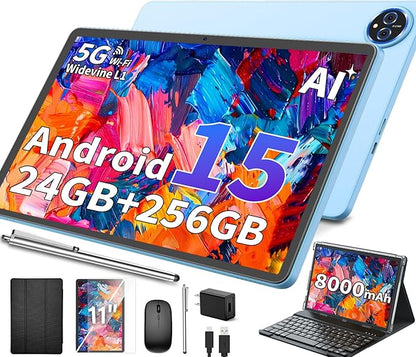 11 Inch Tablet Android 15 Tablet, 2026 Tablets with keyboard, 24GB+256GB+2TB Expand, 2 in 1 Tablets with Case Mouse Stylus, 8000mAh Battery, Octa-Core, Supports Widevine L1, 5G WiFi, GPS (Black Case)
