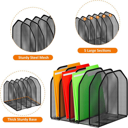 Desk File Organizer, Adjustable 5 Sections Upright Desktop Organizer File Sorter, Sturdy Metal Mesh Vertical Bookshelf File Holder Workspace Accessories for Home,School,Office Classroom,Black