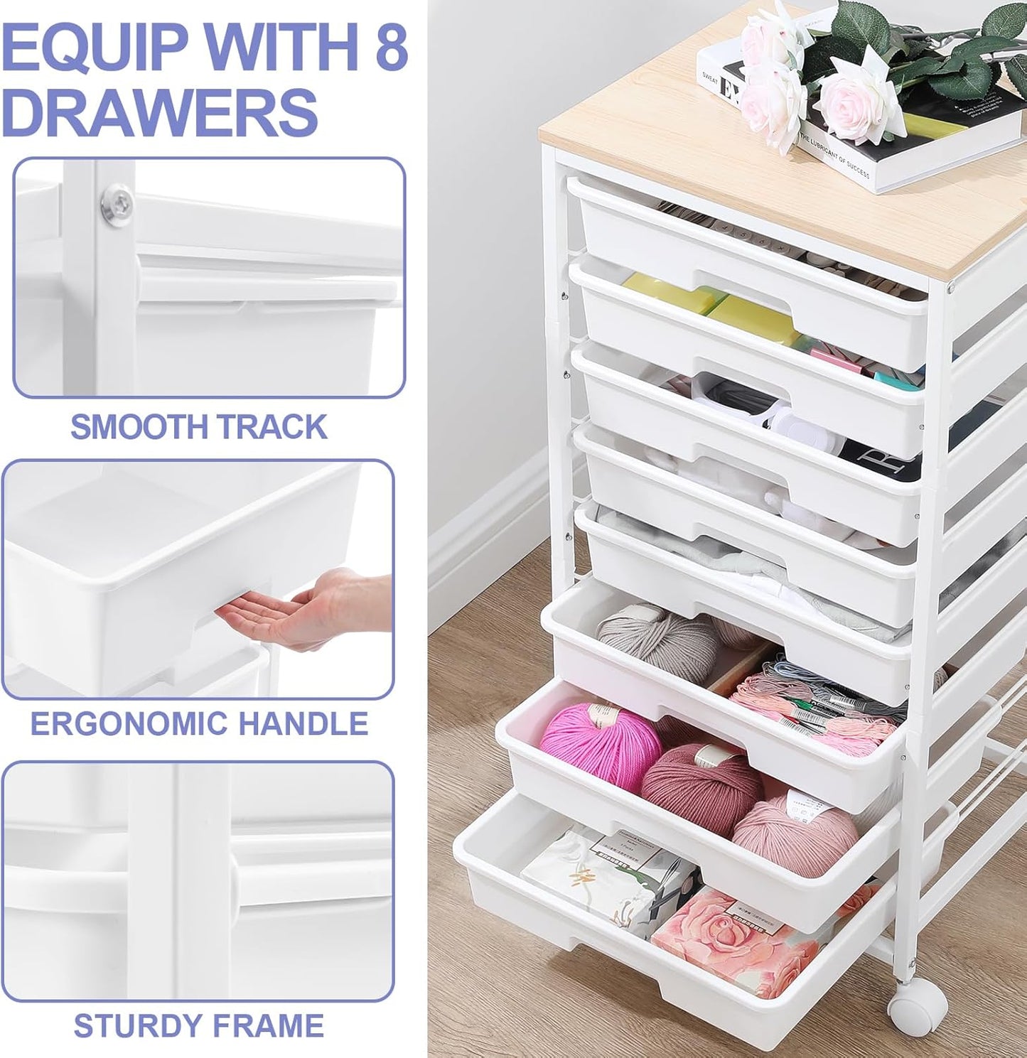 Rolling Storage Cart with Drawers,Utility Cart With 8 Drawers and Wooden Tabletop,Rolling Drawer Cart,Storage Drawer Cart for Living Room,Classroom,Bedroom,Bathroom,Dorm,Office,White