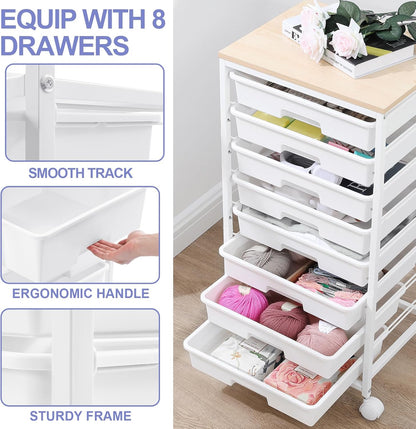 Rolling Storage Cart with Drawers,Utility Cart With 8 Drawers and Wooden Tabletop,Rolling Drawer Cart,Storage Drawer Cart for Living Room,Classroom,Bedroom,Bathroom,Dorm,Office,White