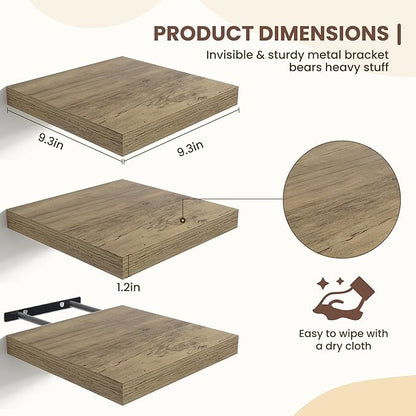 Fun Memories Floating Shelves for Wall - 9 Inch Square Shelves with Invisible Brackets, Small Wall Shelf for Living Room, Bathroom, Bedroom, and Kitchen Decor，Set of 3
