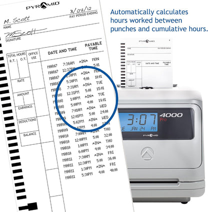 Pyramid Time Systems - Model 4000 Auto Totaling Time Clock, Electronic Time Punch Clock for Small Business, Bundle Includes: 25 Time Cards,Ribbon and 2 Security Keys - Silver ( 7.25"h x 7"w x 6.75"d)