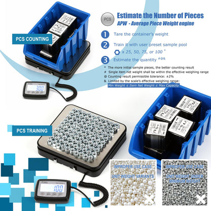 110 lb (50 kg) Digital Postal Scale, Stainless Steel Pan, Backlit Display, Piece Counting, Multiple Units, Capacity: Max 50 kg (110 lb), Min 5 g (0.2 oz), Division 1 g / 0.1 oz