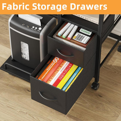 Printer Stand with Power Outlet/Fabric Drawers, Printer Cabinet with Storage Shelf and Rolling Shredder Stand, Printer Table for Home Office, 22.8"×15" Black