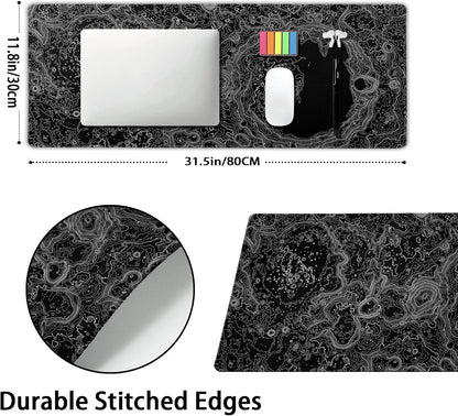 Black Whtie Topographic Gaming Mouse Pad XL Topo Moon Relief Map Extended Large Mat Mousepad Desk Pad Non-Slip Rubber Base Stitched Edge Long Keyboard Playmat for Desk Computer,31.5×11.8 Inch