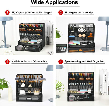 Marbrasse Mesh Pen Holder for Desk, Multi-Functional Pencil Organizer with Drawer, Desk Organizers and Accessories for Office Art Supplies (Large Black)