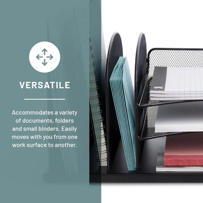 Safco Onyx Desk Organizer, 3 Vertical Compartments and 3 Trays, Office and Classroom Mailbox , Paper and Mail Sorter, Steel Mesh, Black