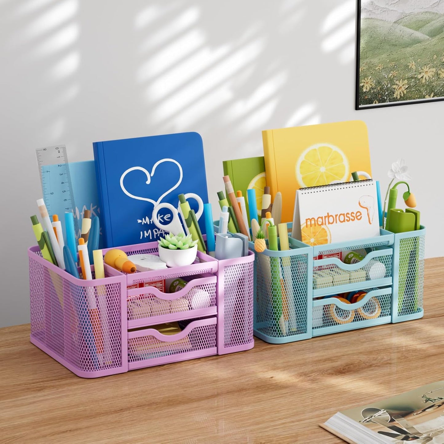 Marbrasse Mesh Desk Organizer, Pen Holder with 2 Drawer, Multi-Functional Pencil Holder, Desk Organizers and Accessories with 5 Compartments + Drawer for Office Art Supplies (Purple)