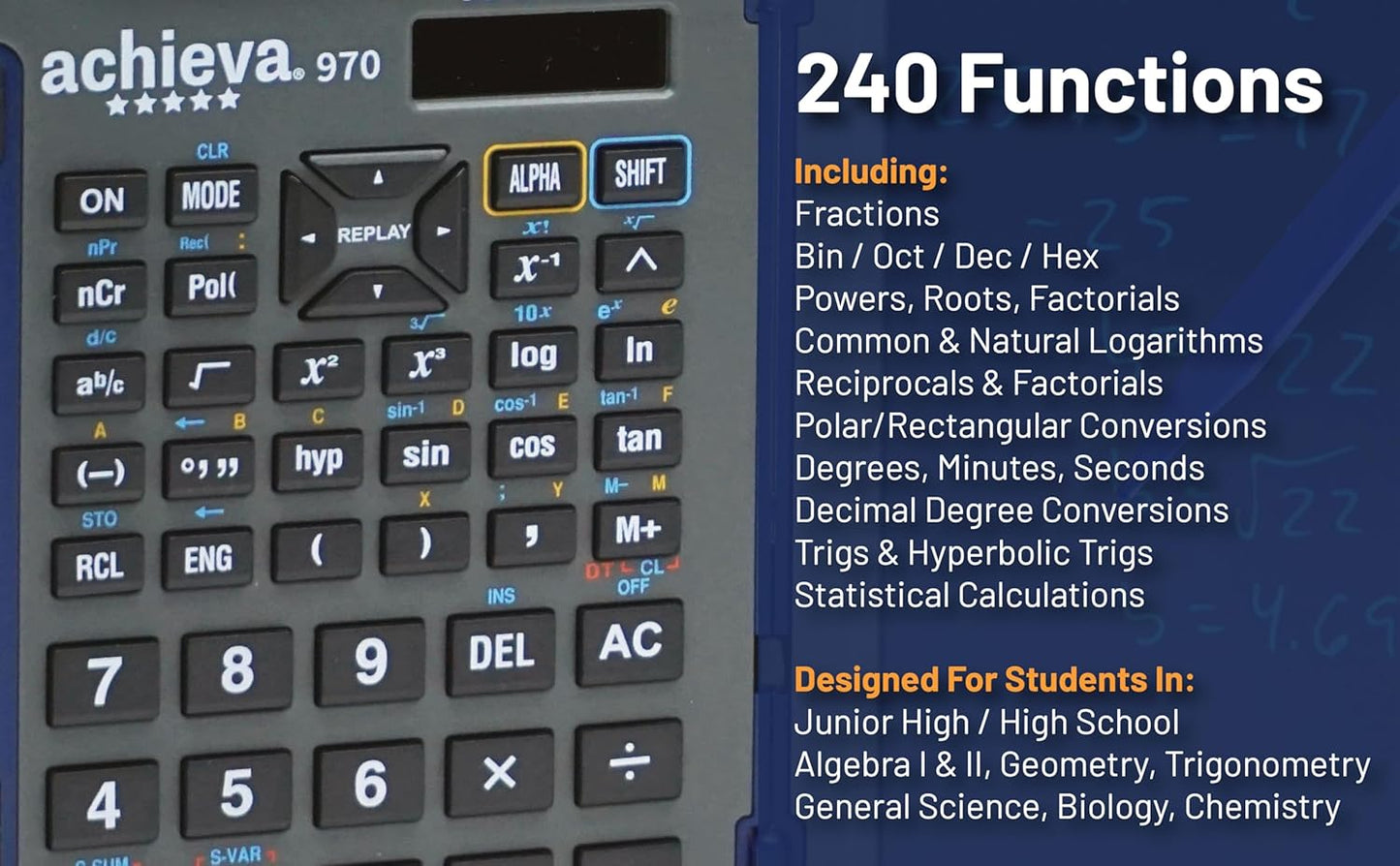 Achieva Scientific Calculator with Erasable LCD Writing Tablet | 2-Line Display | Dual Solar & Battery Power | for Students in Middle School, High School (970)