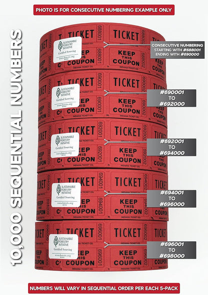INDIANA TICKET CO. 10,000 Red CONSECUTIVELY Numbered Raffle Ticket Roll. 5 Rolls of 2,000, for Classroom Rewards, Events, Fundraisers, Door Entry, Raffles, Prizes, Drink/Food Tickets, & More