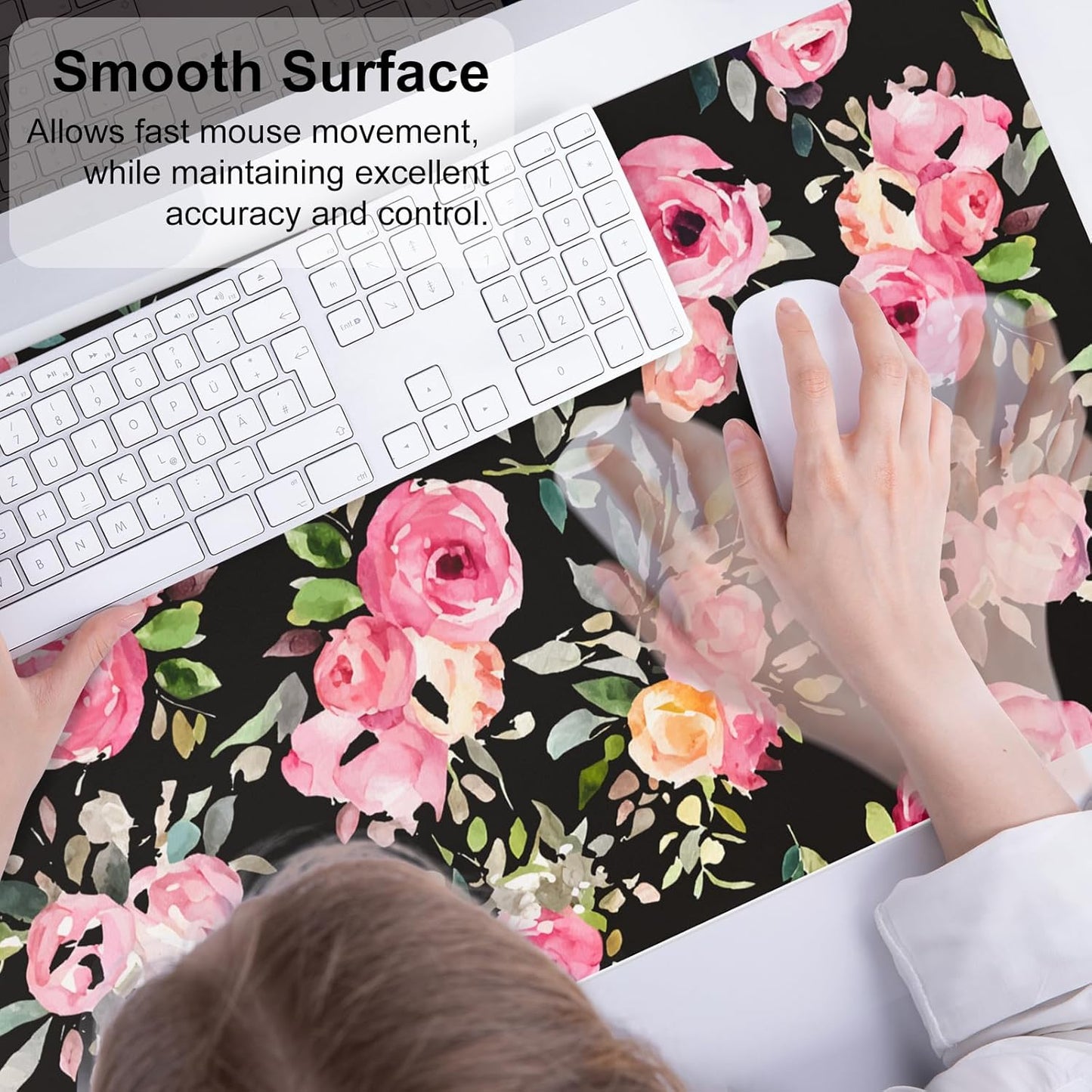 QIYI Large Mouse Pad, Floral Desk Mat for Desktop, Women Girls Watercolor Pink Flowers Office Décor Desk Accessories, PU Leather Waterproof Gaming Mousepad, Black Desk Pad Computer Mat, 31.5" x 15.7"