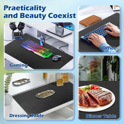 Wireless Charging Desk Mat with Desk Pad for Desktop Charging Large Mouse Pad Waterproof Leather Computer Mat Mouse Pad Non-Slip Protector on Top of Desks for Keyboard and Mouse (black-r, 32*16inch)