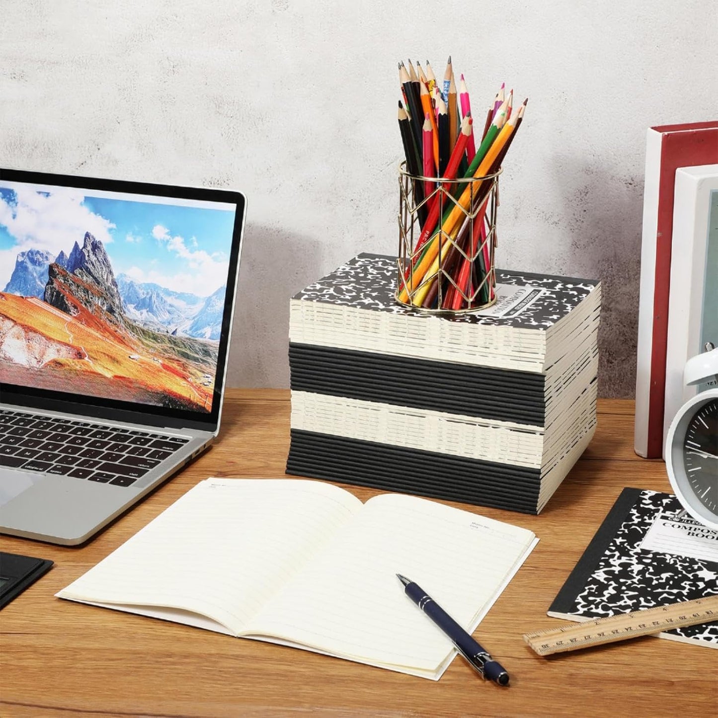 Fainne 100 Pack A5 Composition Notebooks Bulk College Ruled Composition Notebooks Marble Covers Notebook for Student Classroom Office Supplies 30 Sheet/60 Page(Black)