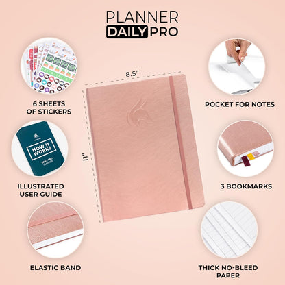 Clever Fox Planner Daily PRO - 8.5 x 11" A4 Size Daily Life Planner and Gratitude Journal to Increase Productivity, Time Management and Hit Your Goals - Undated - Lasts 3 Months (Rose Gold)