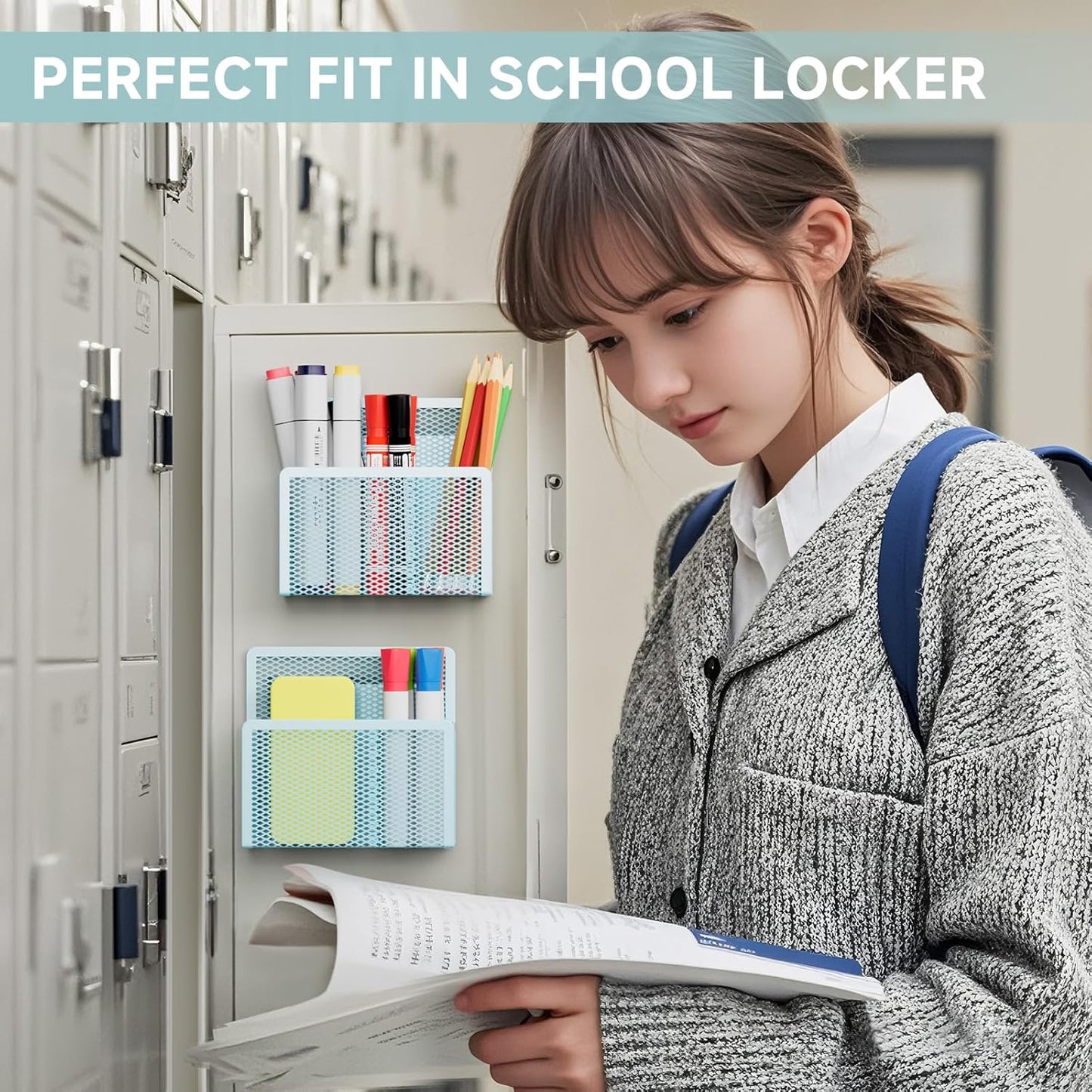 Magnetic Dry Erase Marker Holder, Mesh Pen Holder for Whiteboard，Magnet Pencil Organizer Storage for Refrigerator Locker Accessories Organizer for Home, School and Office(Blue)