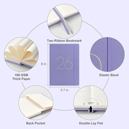 And Per Se 2026 Planner-Daily, Weekly & 15-Monthly Leather Hardcover Planner, 5.7" x 8", Daily Schedule, Monthly Tabs, 100 GSM Thick Paper, Back Pocket(Lavender)