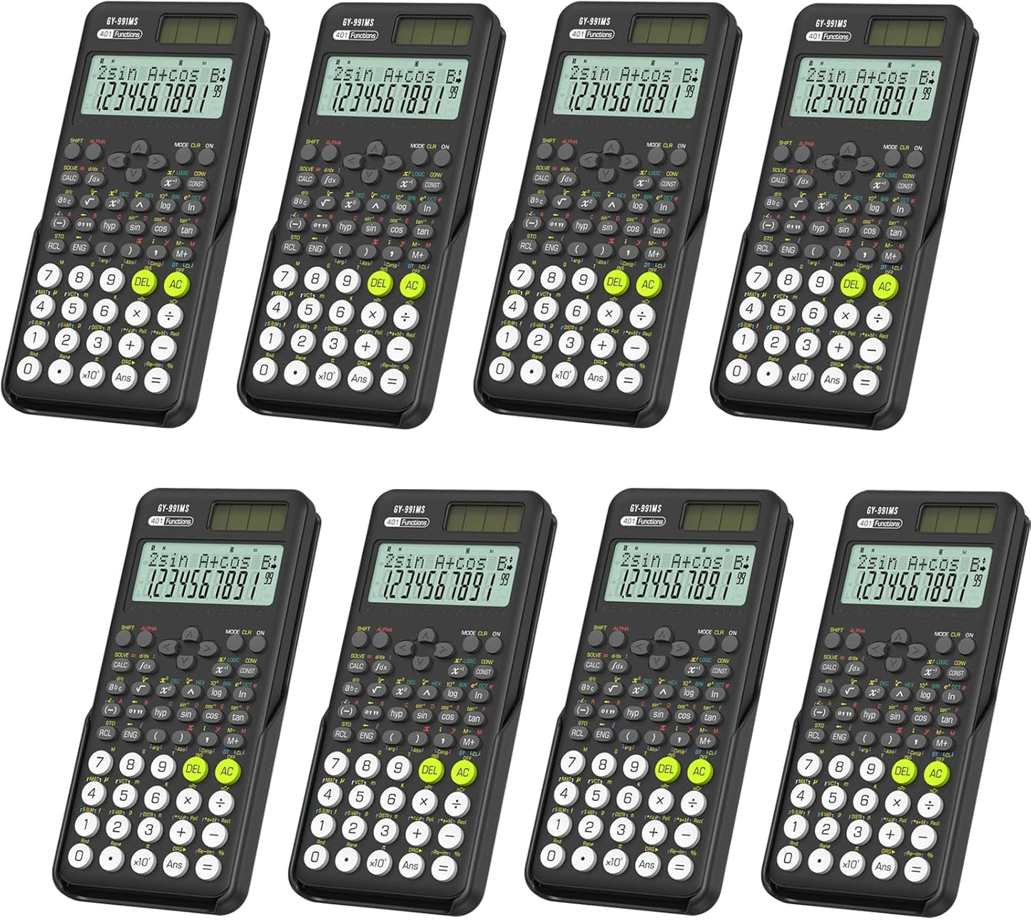 Scientific Calculators Bulk 8 Pack School Supplies, ROATEE 991MS 401 Functions 2-Line Display Desktop Calculator for Student with Sliding Cover, Solar Battery Dual Power for Middle High School Teacher
