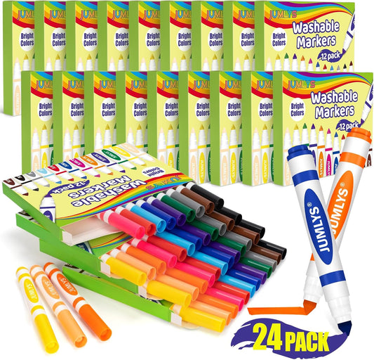 Jumlys 24 Boxes Washable Markers with 12 Colors, Bulk Color Marker for School Classroom, 288 Count Broad Tip Markers for Kids, Classroom Must Haves