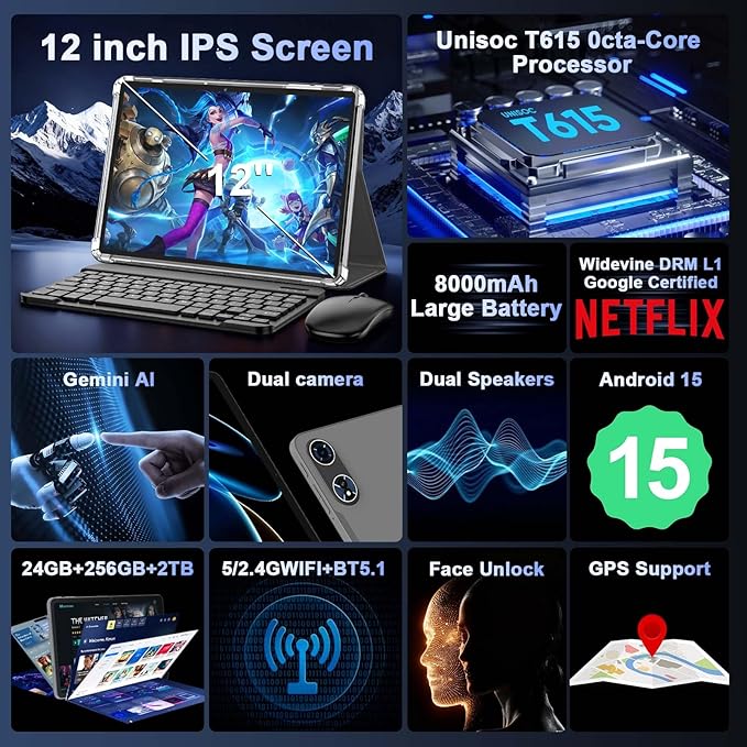 2026 12 Inch Tablet, Android 15 Tablets with Keyboard, 24GB+256GB+2TB Expand, 2K Display, Tablet PC with 5G WiFi, Octa-Core, 8000mAh, BT5.0, GMS, GPS, 2 in 1 Tablets with Case, Mouse, Stylus(Black)