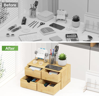 Bamboo Desk Organizer with Drawers - Small Desktop Countertop Mini Tabletop Storage Container - No Assembly Required