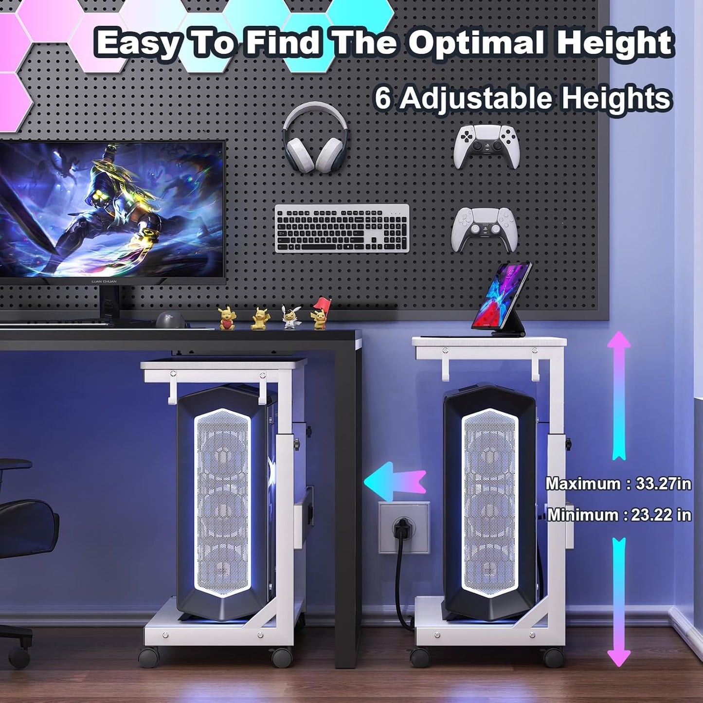 Height Adjustable Computer Tower Stand with Charge Station and USB Charging Port, 2-Tier ATX-Case Cart, Under Desk Mobile PC Stand, CPU Holder Cart with Locking Caster Wheels for Fits Most PC