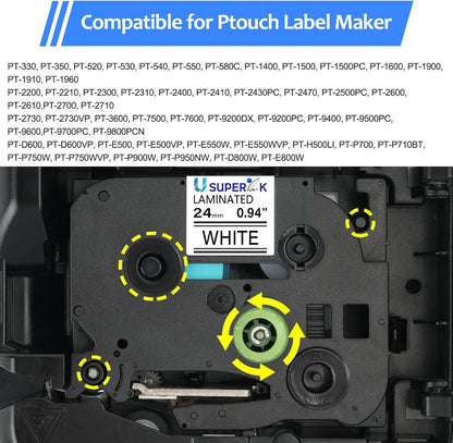 6 Pack 24mm 0.94 Laminated White Tape Compatible for Brother P-Touch Label Maker Tape TZe-251 24mm Label TZe251 1 Inch TZe TZ Tapes TZ-251 TZ251 for PT-D600 D610BT P700 P750W P950NW P710BT