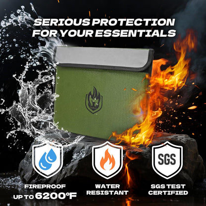 2 Pockets Fireproof Document Bag 6200°F, 10 Layers Waterproof Fireproof Money Bag for Cash with Reflective Strip, Heat Insulated Waterproof Document Holder Pouch, Fire Safe Storage, 14.7”x 11.2”