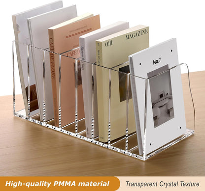 SANRUI Acrylic Desk File Organizer, 8 Vertical Compartments Clear Magazine File Holder Workspace Sorters, Folder Rack for Office Accessories Organization Storage