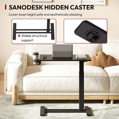SANODESK Mobile Standing Desk with Hidden Wheels,Pneumatic Laptop Desk Rolling Computer Cart Movable Height Adjustable Small Sit Stand Desk for Home Office(27.6" W x 15.7" D, Black)