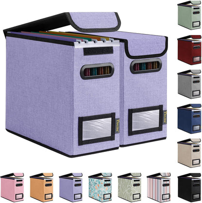 BALEINE File Organizer Box with Lid, Collapsible File Folder Organizer with Plastic Slide, Hanging File Folder Box for Office Document Storage (2 Pack, Purple, S)