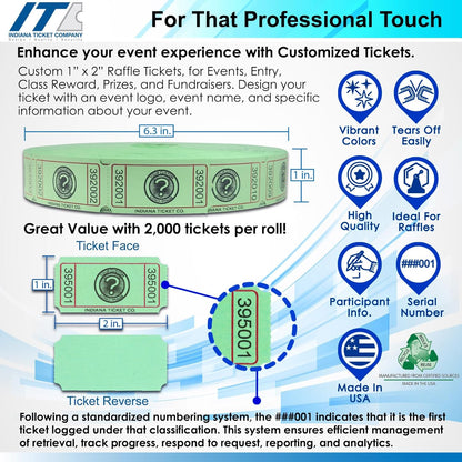 Custom 1” x 2” Single Roll Tickets, Design Your Roll Tickets with Event Logos, for Classroom Rewards, Events, Fundraisers, Door Entry, Raffles, Prizes, Drink/Food Tickets, & More (8 Color Selection)